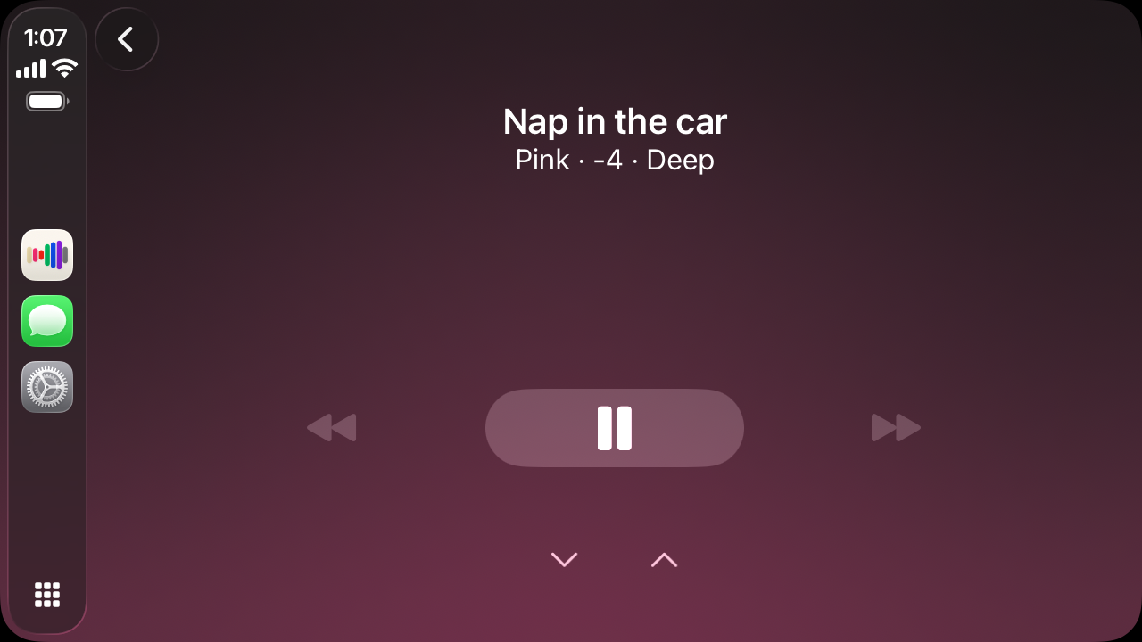CarPlay playing the Nap in the car preset: Pink at tone -4, Deep, with the pause control on a warm pink wash.