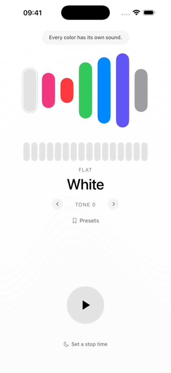 The Rainbow Noise main screen in light mode: seven color pills with White selected, the spectrum readout, the tone control, and the big play button.