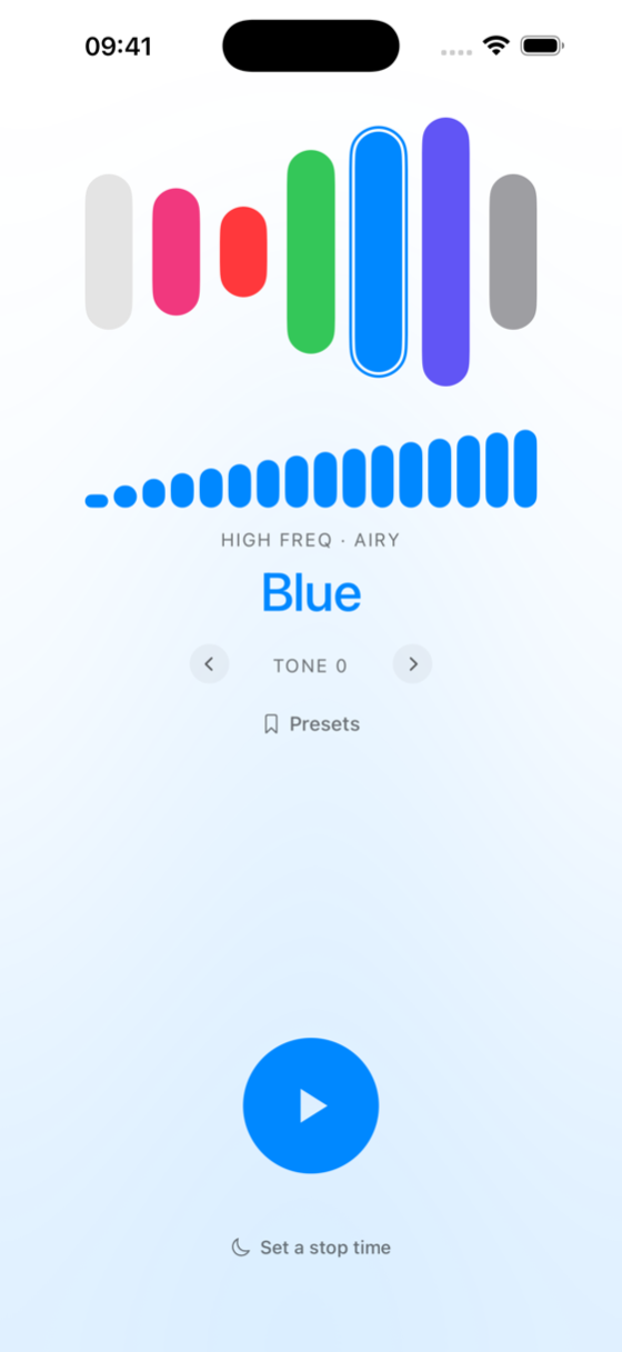 The main screen tinted Blue: the picker with Blue selected, its spectrum, and the blue play button ready for a work session.