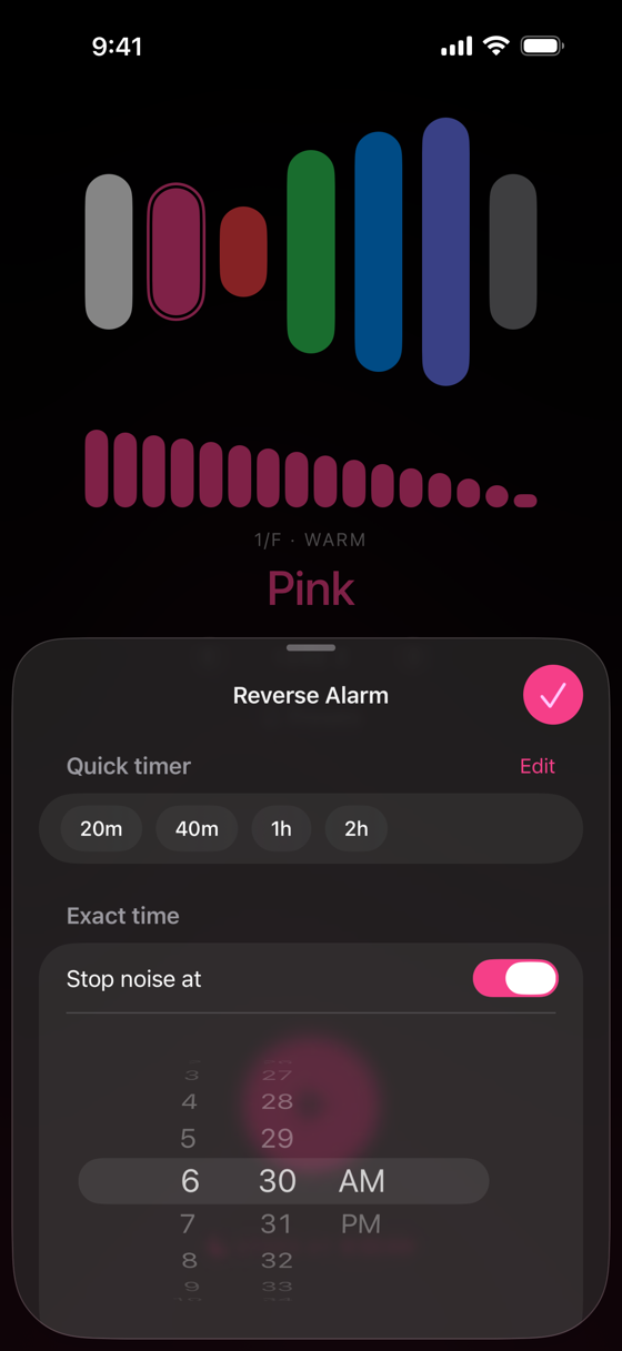The reverse alarm sheet over a dark Pink session, with quick timer chips from 20 minutes to 2 hours and a switch to stop the noise at an exact time.